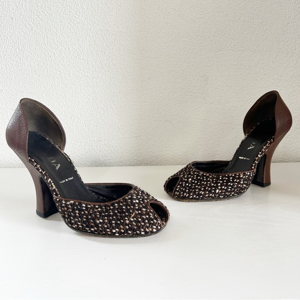 Prada Vintage Brown Tweed Peep Toe Heels Sculpted Heel Size EU 37.5 - Picture 2 of 10